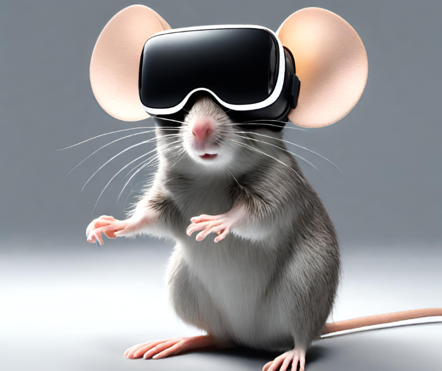 Piture of a mouse wearing a VR headset